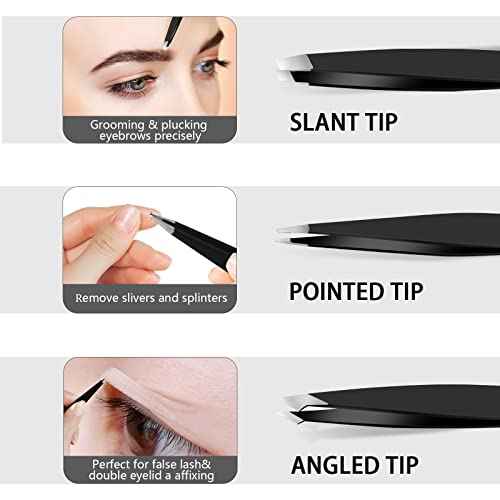 Tweezers Set, Professional Stainless Steel Tweezers for Eyebrows, Great Precision for Facial Hair, Splinter and Ingrown Hair Removal (3 Count / 3.8inch, Black)