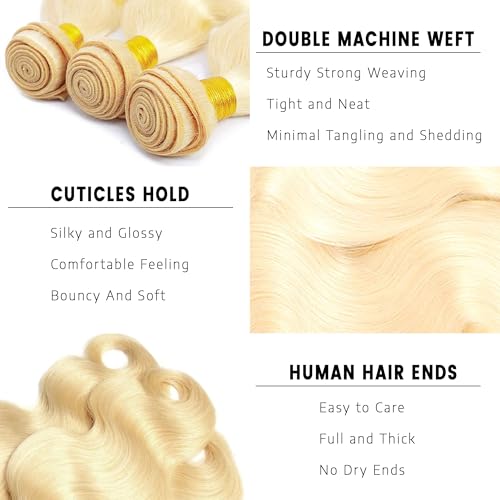 Blonde Bundles Human Hiar 613 Honey Blonde Extension Human Hair Body Wave (26 28 30 Inch) Unprocessed Virgin Human Hair Bundles 100g/PC 300g Total Double Weft for Black Women