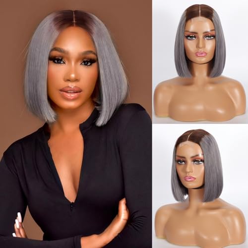 Selina Hair 2x6 Bob Wigs Human Hair P4/Grey Color Brazilian Virgin Hair HD Lace Front Wigs Human Hair Glueless Bob Wig with Baby Hair Straight Bob for Women 10 lnch
