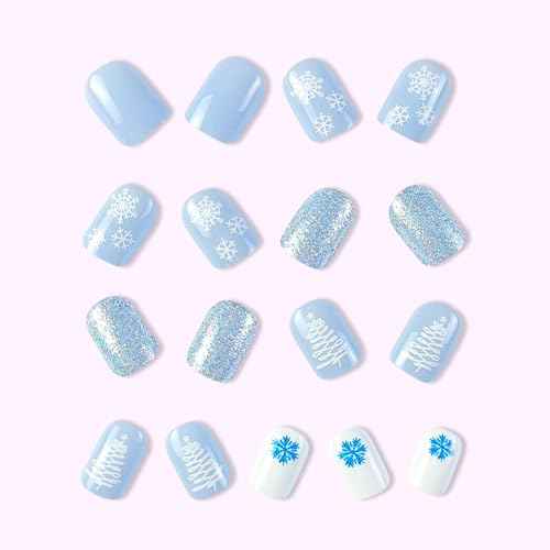 24Pcs Light Blue Press on Nails Short Square Christmas Fake Nails White False Nails Press ons with White Xmas Tree Snowflake Designs Glue on Nails Full Cover Glitter Xmas Nails for Women DIY