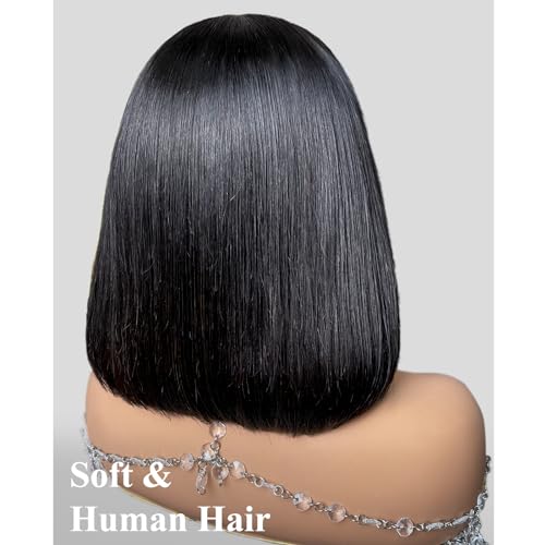 Arabella 12inch Bob Wig Human Hair Real Ready to Go Glueless Wig 12a Straight Bob Wigs Human Hair Pre Cut Only Middle Part Lace Front Wigs Pre Bleached Tiny Knots (12inch, 6x6x1 Glueless)