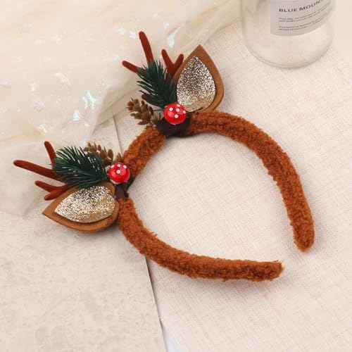 Totelux Christmas Headband Reindeer Antlers Hair Band Glitter Deer Ears Hair Accessories for Women Adult Girls Brown