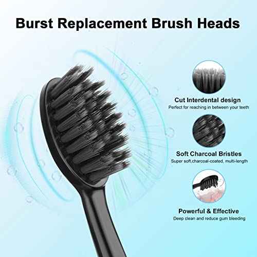 Replacement Toothbrush Heads for Burst Electric Toothbrush Adults with Dust Cover Caps, Soft Charcoal Bristles for Deep Cleaning, Plaque Removal and Whiting Teeth, 5 Counts, Black