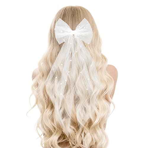 Bridal Pearl Hair Bow Veil Bridesmaid Large Hair Bow Wedding Veil with Barrette Bachelorette Party Decorations Bridal Bridesmaid Gift (White)