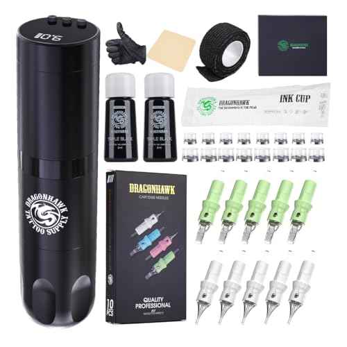 Dragonhawk Tattoo Kit Wireless Beginner Complete Tattoo Gun Machine Kit Lining Shading Practice Skin