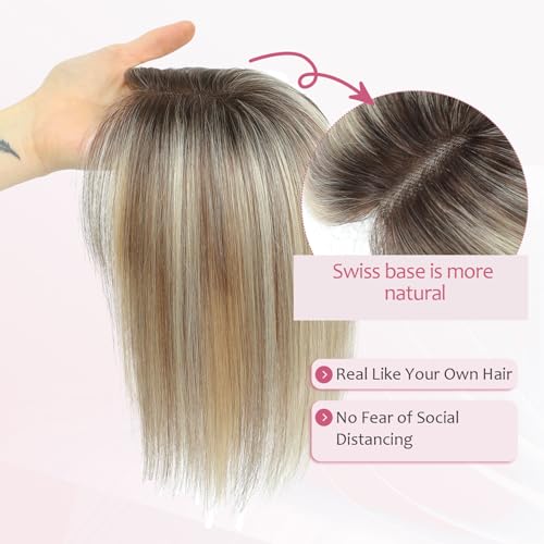 Hair Toppers for Women Upgrade Swiss Lace Base Human Hair Topper with No Bangs 360¡Æ3D Cover Fake Bangs Hair Topper with Thinning (Ombre Light Brown with Blond Highlight)