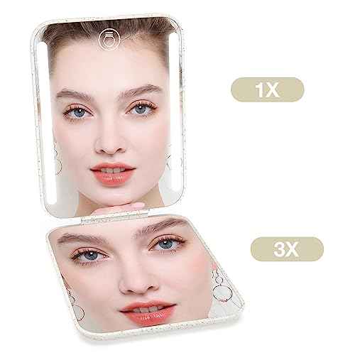Kintion Rechargeable Pocket Mirror, Wheat Straw Material 1X/3X Magnification Portable Compact Mirror, Handheld Travel Mirror, Small Purse Mirrors for Women, Apricot