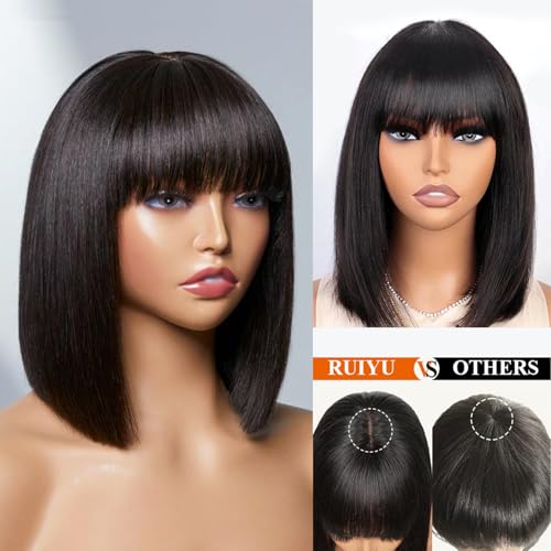 Ruiyu 250 Density Bob Wig with Bangs Human Hair 2x4 HD Lace Closure Front Silky Straight Wigs Human Hair Glueless Ready to Wear and Go for Beginners 100% Brazilian Human Hair for Black Women 10 Inch