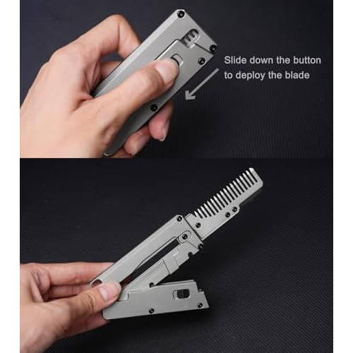 TC347 2-in-1 Titanium Handle Carrot Utility Knife, Hair Beared Comb, Retractable Box Cardboard Cutter EDC Pocket Knives, 10pcs SK5 Replaceable Blade with Pocket Clip, Glass Breaker
