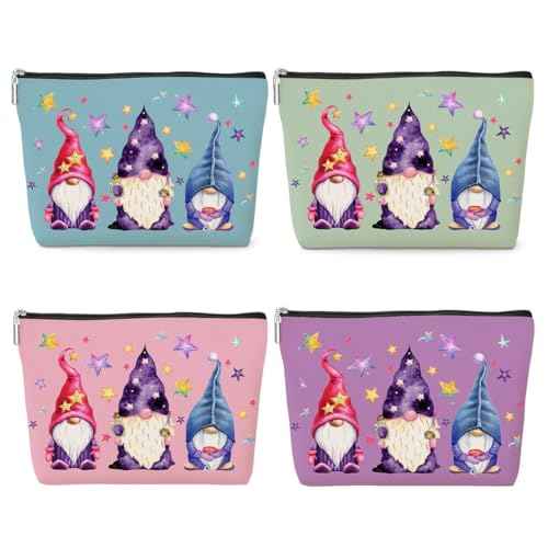 4 Pack Watercolor Magic Gnome Star Makeup Bag Cosmetic Bags Gnomes Gifts for Women Gnome Lovers Daughter Girl Friend Sister Bestie Nurse Wife Mom Friendship Birthday Christmas Waterproof Toiletry Bag