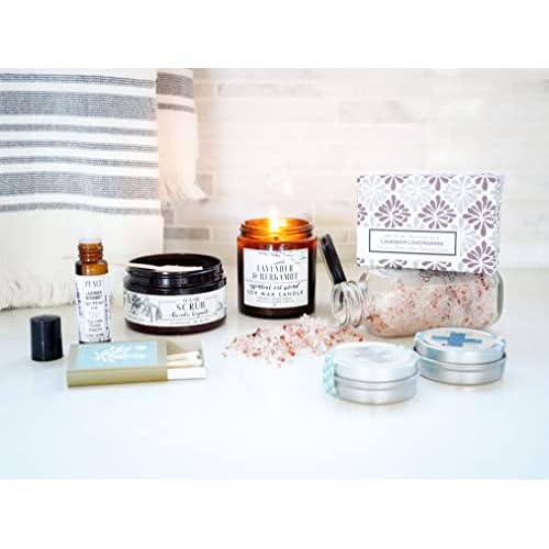 The Little Flower Soap Co - Spa Day gift Box Relaxation Kit - Handmade Candle Soap Salt Scrub and Lotion