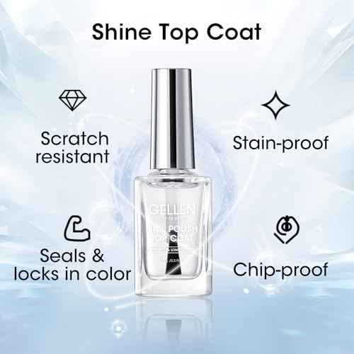 GELLEN Clear Nail Polish Base Top Coat, Sheer Pink Tinted Base Coat & Shine No Wipe Top Coat for Strengthening Thin Damaged Natural Nails, Quick Dry Regular Nail Polish No UV Gel, Hema Free, Non-toxic