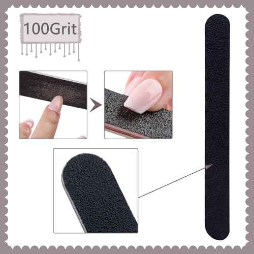 3 Pack Professional Emery Boards, 100/180 Grit Nail File for Acrylic and Natural Nails, Reusable, Black