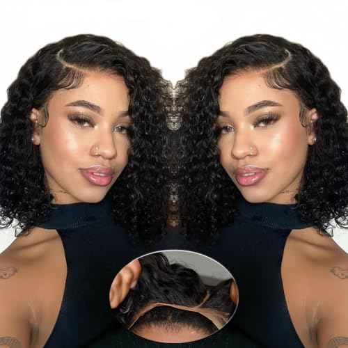 Short Curly Wigs for Black Women Wear and Go Side Part Deep Wave Bob Wig Human Hair Glueless Wigs Human Hair Pre Plucked Pre Cut Wet and Wavy Natural Black Lace Front Wig 12 Inch Daily Hairstyle