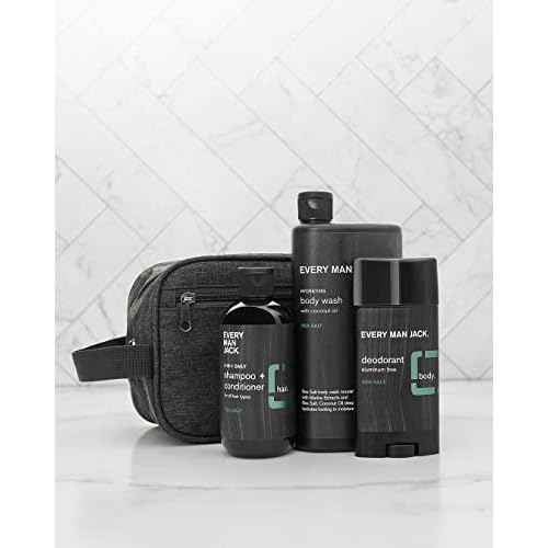 Every Man Jack Sea Salt Bath and Body Gift Set - Perfect for Every Guy - Three Grooming Essentials with Clean Ingredients - Body Wash, 2-in-1 Shampoo + Conditioner, Deodorant + Bonus Dopp Bag