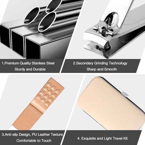 Christmas Gifts Birthday Gift Nail Clippers For Women Manicure Kit Nail Tweezers Professional Stainless Steel With Leather Travel Case Stocking Stuffers For Girlfriend Wife Mother Kit 7 In 1 Rose Gold