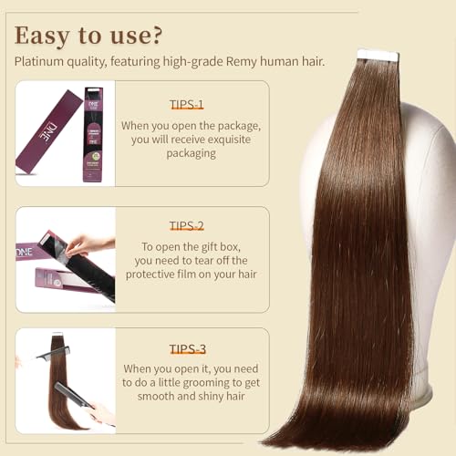 DNE Tape in Hair Extensions Real Human Hair 22 inches 20Pcs/50g/Pack Seamless #4 Medium Brown Dark Color Straight Invisible Double Sided Tape in Hair Extensions for Women/Girls Can Bleached and Curl
