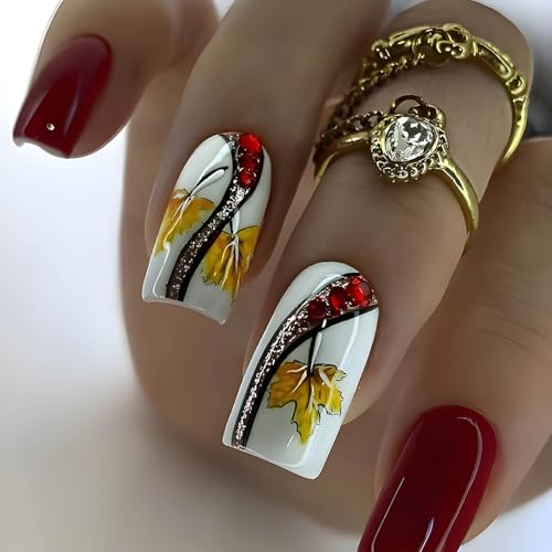 RTKHFZE Maple Leaf Press on Nails Medium Fake Nails Square Glue on Nails Glitter U?As Postizas Medium Nails Press ons Red Full Cover Acrylic Nails 24 Pcs