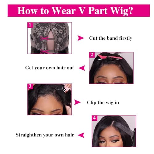 Straight V Part Wigs Human Hair Upgrade U Part Human Hair Wigs for Women Glueless Full Head Clip In Half 180% Density Natural Color (16inch)