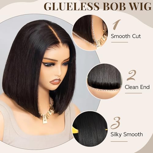 Tinashe Wear and Go Glueless Bob Wigs Human Hair 5x6 HD Lace Closure Wigs Pre Plucked Bob Straight Lace Front Wigs Human Hair Short Wigs for Black Women (Black Straight Bob Wig, 10inch)