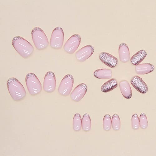 Short Almond False Nails French Press on Nails Bling Fake Nails Acrylic Glossy Cute Nails Tips for Women and Girls 24PCS