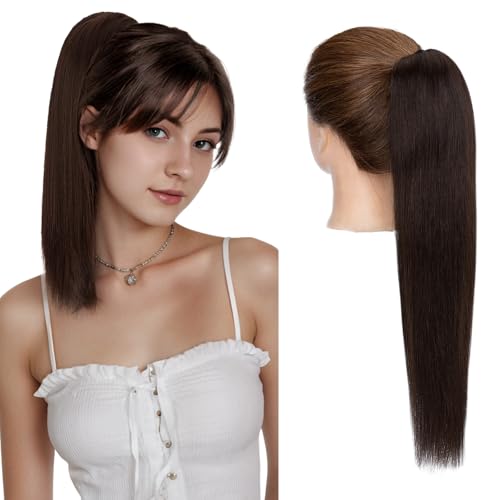 Ponytail Extension, 16 Inch Claw Clip Ponytail Extension Human Hair Long Straight Jaw Clip in Real Hair Pony Tails Hairpieces for Women Dark Brown