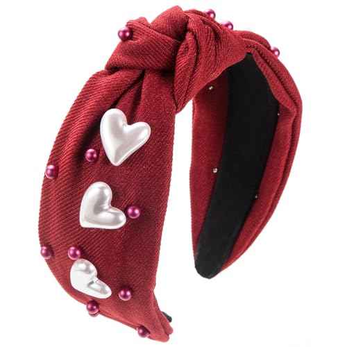 SARATA Valentine Rhinestone Headband for Women, Red Head Bands White Heart and Pink Embellished Crystal Pearl Wide Top Knot Hair Band Christmas Access for Party 1PCS