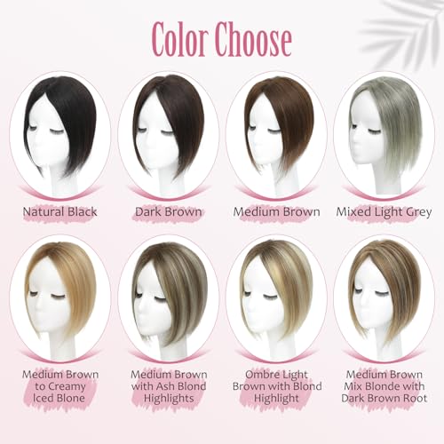 Hair Toppers for Women Upgrade Swiss Lace Base Human Hair Topper with No Bangs 360¡Æ3D Cover Fake Bangs Hair Topper with Thinning (Ombre Light Brown with Blond Highlight)