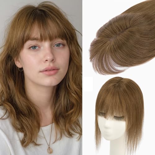 Rich Choices Hair Toppers for Women Real Human Hair 360¡Æ3D Clip in Bangs 100% Remy Human Toppers with Bang for Thinning 150% Density Upgrade Extended 2"*6"Lace Base 10 Inch #04 Mocha Brown
