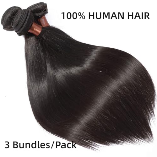 Straight Human Hair 3 Bundles Peruvian Virgin Human Hair Bundles 16 16 16 Inch 100% Unprocessed Straight Bundles Human Hair Extensions 300 Gram Double Weft Nature Black Color (3 Bundles)