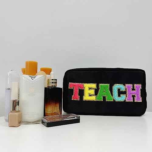 Teacher Appreciation Gifts Letter Patch Nylon Makeup Bag Pencil Bag Chenille Varsity Letter Patches Makeup Zipper Pouch Retirement Birthday Teacher Gifts for Women(Teach-black)
