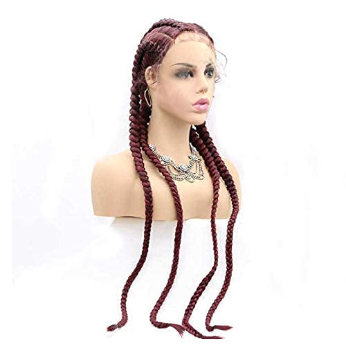 99J Red Braided Wigs for Black Women Long Straight Glueless Synthetic Lace Front Wigs Pre Plucked Hairline Knotless Box Braided Lace Front Wig with Baby Hair Heat Resistant Cosplay Drag Queen 30Inch