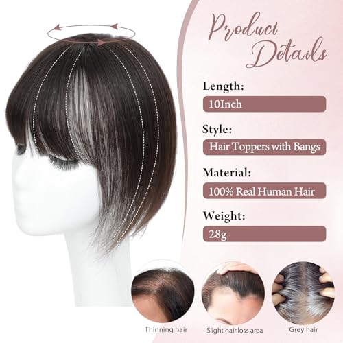 SARO-UP Hair Toppers for Women Real Human Hair Toppers for Women with Thinning Hair Pieces with Bangs Top Handmade Swiss Base HairPieces 10Inch (Dark Brown)