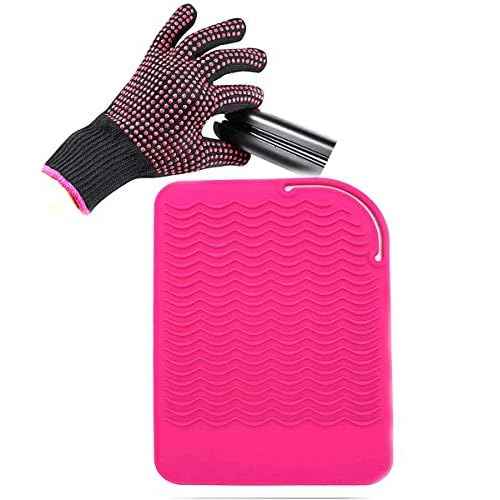Heat Resistant Glove with Heat Resistant Mat for Curling Iron, Hair Straightener, Flat Irons, Silicone Bump Glove, 9¡± x 6.5¡± Food Grade Silicone Mat, Pink