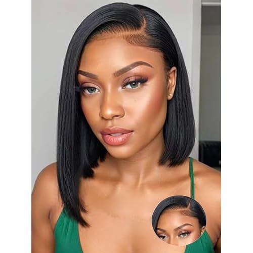 ORIGINAL QUEEN OQ Hair Glueless Wigs Human Hair Bob Straight Side Part 5X7 Pre Plucked Pre Cut Pre Bleached Wear and Go Wigs Human Hair Short Straight Bob Wigs for Women 12Inch