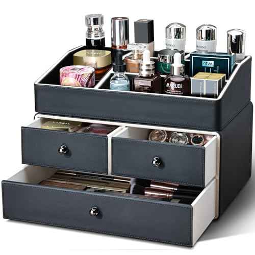 KINGFOM 2 Tier PU Leather Makeup Organizer with 3 Drawers, Cosmetic Storage Organizers for vanity Dresser Countertop and Bathroom Vanity, Beauty Holder for Lipstick Brush Skincare (Black)