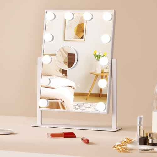 VEVOR Hollywood Vanity Mirror with Lights, 12 Dimmable Bulbs & 3 Color Lighting Modes, Makeup Mirror with Detachable 5X Magnification, Smart Touch Control, 360 Degree Rotation(16.1x11.8 in, White)