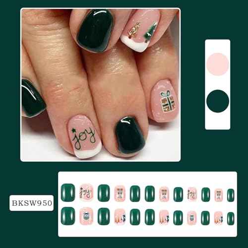 Christmas Green Press on Nails Short Square False Nails Christmas Tree Artificial Nails with Letter Design Winter Xmas Acrylic Nails Full Cover Glossy Coffin Nails Glue on Nails for Women