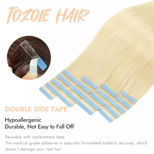 Tape in Hair Extensions Human Hair,20pcs 18 Inch #60 Platinum Blonde Hair Extensions Real Human Hair Invisible Tape in Hair Extensions Straight Remy for Women (60, 18 Inch)