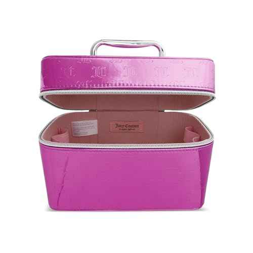 Juicy Couture Hot Pink Makeup Bag Cosmetics Organizer Travel Essentials Train Case Shiny Logo