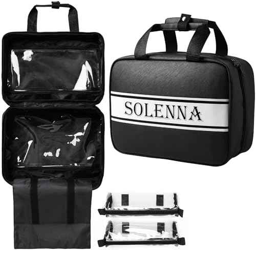 Solenna Black Travel Toiletry Bag for Women Men, Large Waterproof Leather Makeup Cosmetic Bag with 2 Removable Clear Bags, Portable Hanging Make Up Bag Bathroom Shower Toiletries Travel Organizer