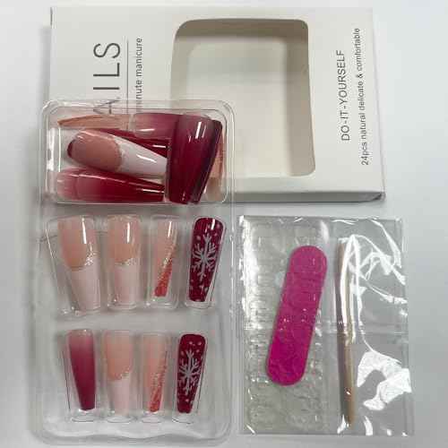 Christmas Press on Nails Long Coffin Red Fake Nails Pink Gradient with Snowflake French Tip Design Glue on Nails Acrylic Glitter Glossy Full Cover Stick on False Nails for Women Manicure 24pcs