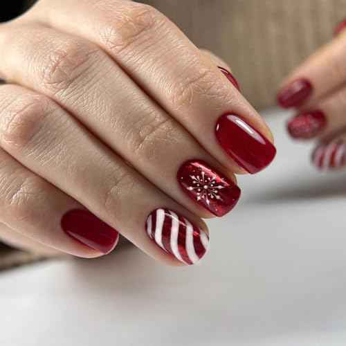 Christmas Press on Nails Short Square Red Nails Press Ons with Candy Stripes Snowflakes Designs Acrylic Fake Nail with Wearing Tools Removeable Xmas Artificial Nails 24pcs New Year Gifts