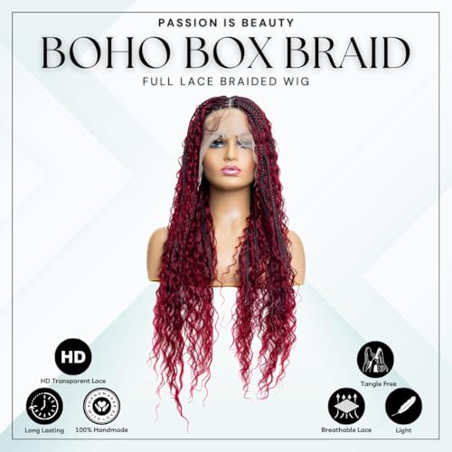 PIB 24'' Full Lace Bohemian Box Braid Wig - Knotless Braided Wigs for Black Women - Synthetic Braided Wig with Natural Baby Hair - Off Black and Burgundy #1B118