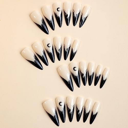 Halloween Press on Nails Stiletto Fake Nails with Night Moon Designs Stick on Nails Full Cover Black Halo Staining Artificial Nails Dark Glossy Glue on Nails for Women Girls 24PCS