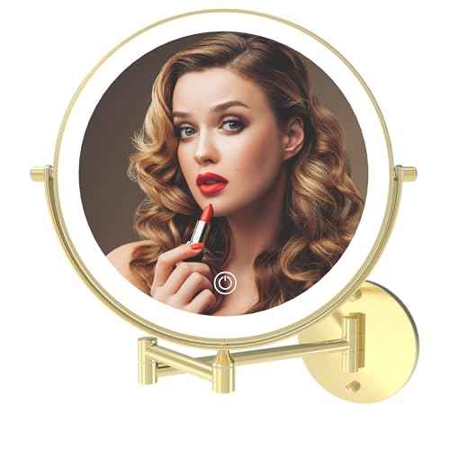 Rechargeable Wall Mounted Lighted Makeup Vanity Mirror 9 Inch Double Sided 1X 10X Magnifying Bathroom Mirror, 3 Color Lighting, Touch Screen Dimming, 360 Rotation Shaving Mirror Gold