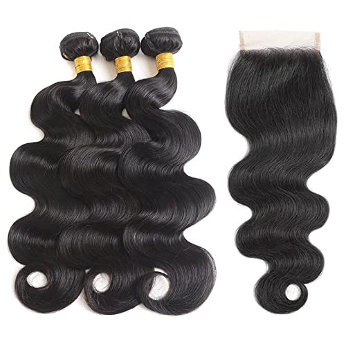 Bundles with Closure Human Hair Body Wave 100% Unprocessed Brazilian Virgin Human Hair 3 Bundles with Closure£¨14 16 18+12£©Human Hair Extensions with 4x4 Free Part Lace Closure Natural Black
