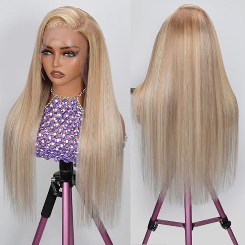 Ash Blonde Wig Human Hair with Chestnut Brown Deep Part 13x6 HD Balayage Lace Front Wigs for White Women Highlights Glueless Wigs Pre Plucked Human Hair Bleached Knots 180%Density Ombre Ash Brown Wig