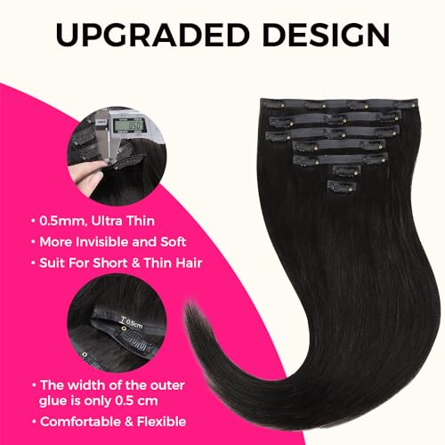 Lashey Seamless Clip-in Hair Extensions Human Hair Light Yaki Straight 16 Inch 7pcs 110g Natural Black PU Clip-in Hair Extensions
