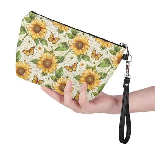Retro Sunflower Butterfly Cosmetic Bag for Women Travel Organizer Makeup Bag Zipper Purse Lightweight Toiletry Organizer Pouch Clutch Bag with Wrist Strap
